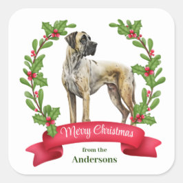 Red Berry Holly Banner Great Dane Dog Kerstmis Vierkante Sticker