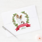 Red Berry Holly Banner Papillon Dog Kerstmis Vierkante Sticker (Envelop)