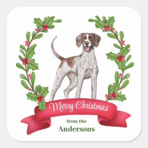 Red Berry Holly Banner Pointer Dog Kerstmis Vierkante Sticker
