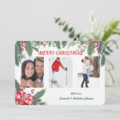 Red Berry Holly Evergreen Border Photo Template Feestdagenkaart (Staand voorkant)