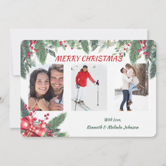 Red Berry Holly Evergreen Border Photo Template Feestdagenkaart (Voorkant)