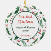 Red Berry Holly Foto Sjabloon Onze eerste kerstker Keramisch Ornament (Achterkant)