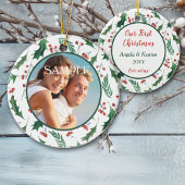 Red Berry Holly Foto Sjabloon Onze eerste kerstker Keramisch Ornament