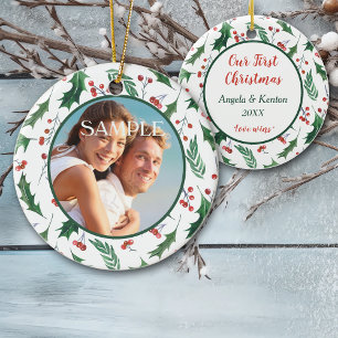 Red Berry Holly Foto Sjabloon Onze eerste kerstker Keramisch Ornament