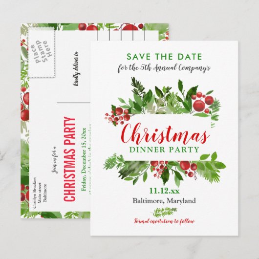 Red Berry | kerstdiner | Feestdag Aankondigingskaart (Voorkant / Achterkant)