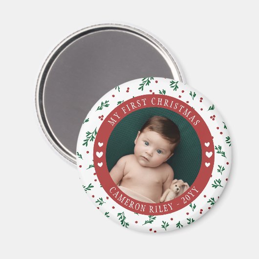  Red Berry Pattern Baby's Eerste Kerstmis Magneet (Voorkant / Achterkant)