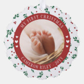 Red Berry Pattern Baby's Eerste Kerstmis Ornament Kaart (Achterkant)