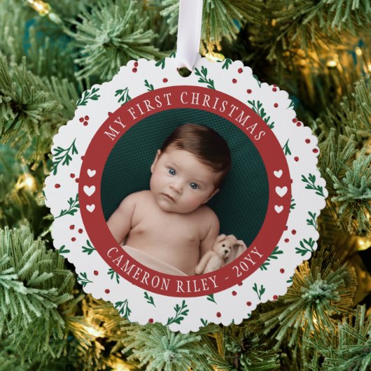 Red Berry Pattern Baby's Eerste Kerstmis Ornament Kaart (Insitu (Drie))