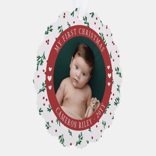 Red Berry Pattern Baby's Eerste Kerstmis Ornament Kaart (Rechts)