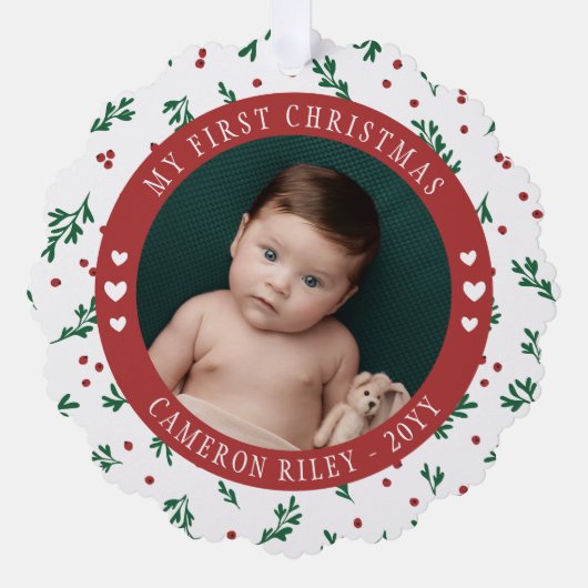 Red Berry Pattern Baby's Eerste Kerstmis Ornament Kaart (Voorkant)