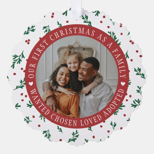 Red Berry Pattern Eerste Kerstmis Geadopteerde Fam Ornament Kaart (Voorkant)