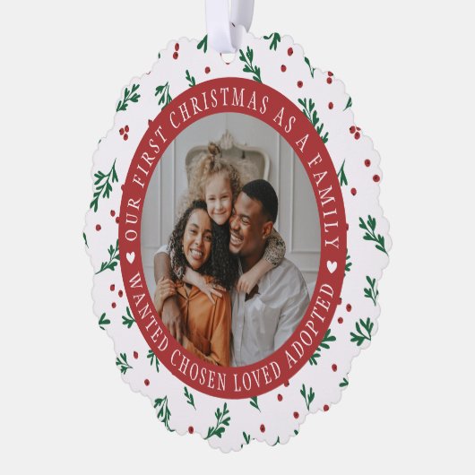 Red Berry Pattern Eerste Kerstmis Geadopteerde Fam Ornament Kaart (Links)