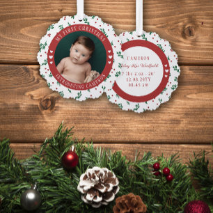 Red Berry Pattern Introducing Baby 1e Kerstmis Ornament Kaart