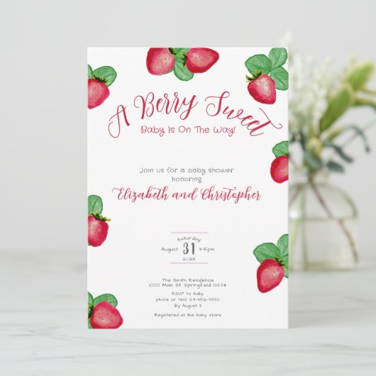 Red Berry Sweet Strawberry Girl Baby Shower Kaart (Staand voorkant)