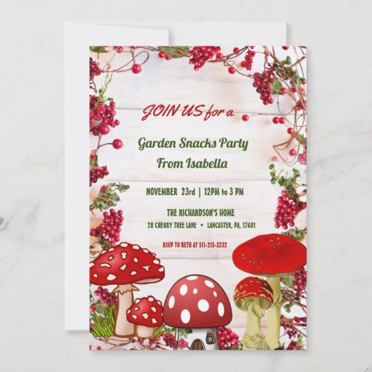 Red Berry Toadstool Garden Snacks Kind Partij Kaart (Voorkant)