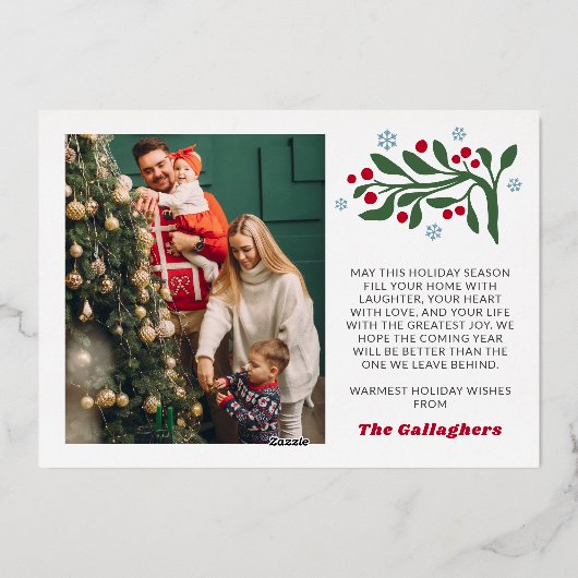 Red Berry Twig Snowflakes Frame Merry Christmas Folie Feestdagenkaart (Achterkant)