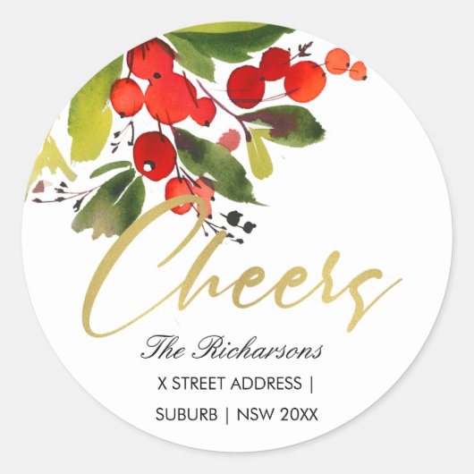 RED BERRY WATERVERF CHRISTMAS CHEERS ADRES RONDE STICKER (Voorkant)