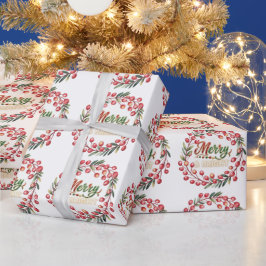 Red Berry Wreath Merry & Bright Cadeaupapier