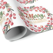 Red Berry Wreath Merry & Bright Gold Snowflakes Cadeaupapier (Rol Hoek)
