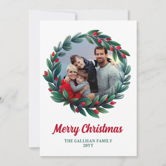 Red Berry Wreath Merry Christmas Photo Snapshots Feestdagenkaart (Voorkant)