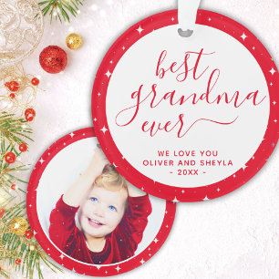 Red Best Grandma Ever Script Stars Foto op Terug  Ornament