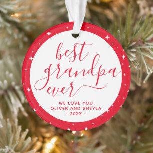 Red Best Grandpa Ever Script Stars Foto op Terug Ornament