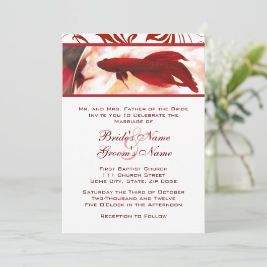 Red Betta Fish Wedding Invitation Kaart (Staand voorkant)