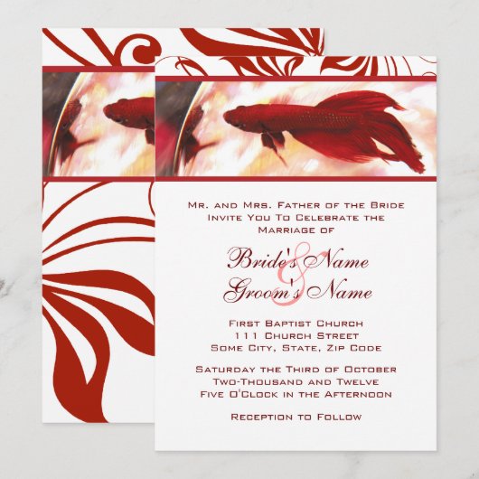 Red Betta Fish Wedding Invitation Kaart (Voorkant / Achterkant)