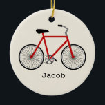 Red Bicycle - Aangepaste versiering Keramisch Ornament<br><div class="desc">Een versiering met een afbeelding van een rode fiets.  Personaliseer met jouw naam onder de fiets.</div>