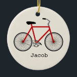Red Bicycle - Aangepaste versiering Keramisch Ornament<br><div class="desc">Een versiering met een afbeelding van een rode fiets.  Personaliseer met jouw naam onder de fiets.</div>