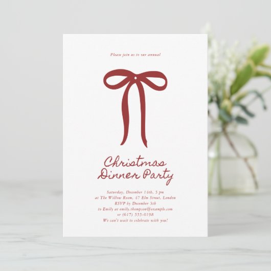 Red Big Bow Christmas Party Invitation Kaart (Staand voorkant)