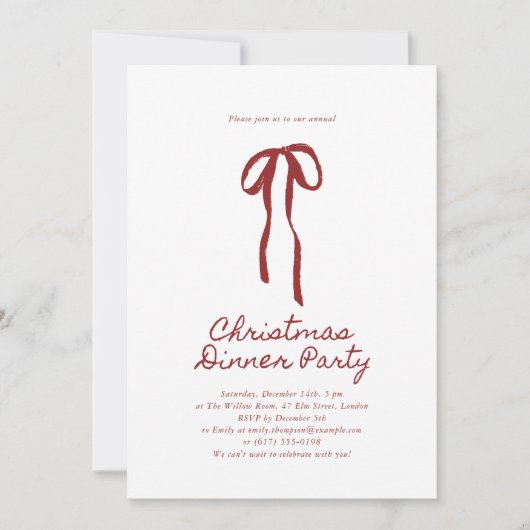Red Big Bow Holiday Dinner Invitation Kaart (Voorkant)