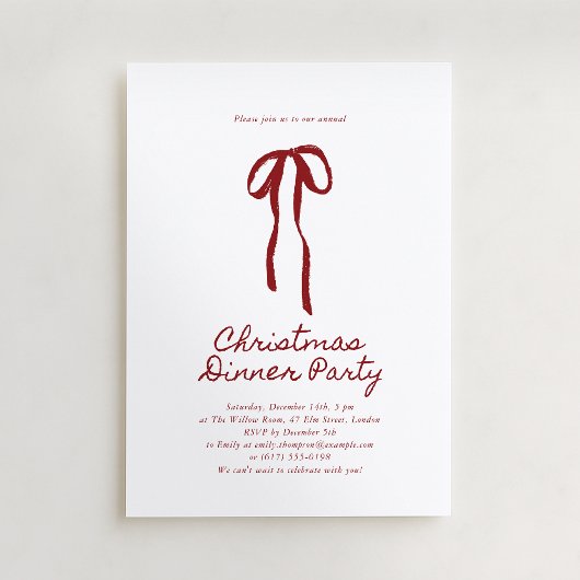 Red Big Bow Holiday Dinner Invitation Kaart