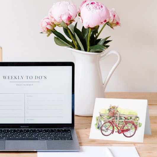 Red Bike met Flowers Waterverf Notecard Notitiekaartje