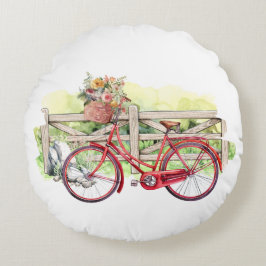 Red Bike met Flowers Waterverf Rond Kussen