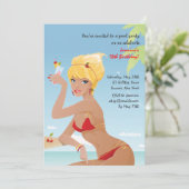 Red Bikini Girl Birthday Party Invitation Kaart (Staand voorkant)