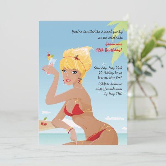 Red Bikini Girl Birthday Party Invitation Kaart (Staand voorkant)