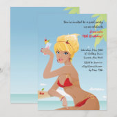 Red Bikini Girl Birthday Party Invitation Kaart (Voorkant / Achterkant)