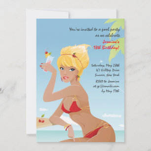 Red Bikini Girl Birthday Party Invitation Kaart