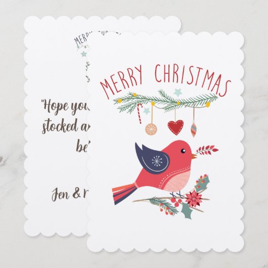 Red Bird and Wreated Kerstmis Scandinavian Card Kaart (Voorkant / Achterkant)