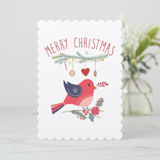 Red Bird and Wreated Kerstmis Scandinavian Card Kaart (Staand voorkant)