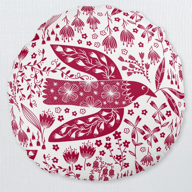 Red Bird Art Rond Kussen (Red and white peace dove folk art pillow)