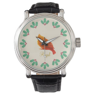 Red Bird en Holly Berries Horloge