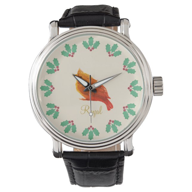 Red Bird en Holly Berries Horloge (Voorkant)