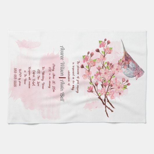 Red Bird en Pink Cherry Blossoms uitnodiging Theedoek (Horizontaal)