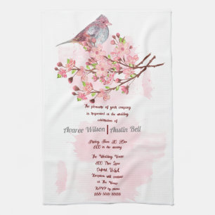 Red Bird en Pink Cherry Blossoms uitnodiging Theedoek