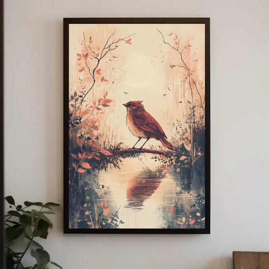 Red Bird en Water Natuur Animal Wildlife Aestheti Poster