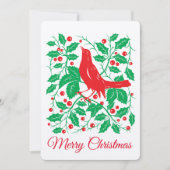 Red Bird & Holly met bessen Flat Holiday Kaart (Voorkant)
