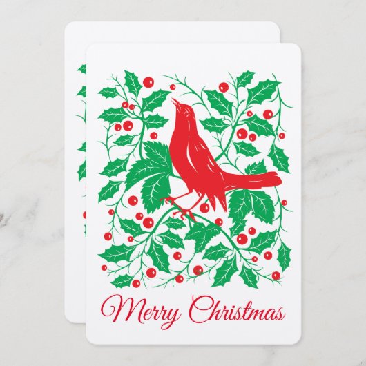 Red Bird & Holly met bessen Flat Holiday Kaart (Voorkant / Achterkant)