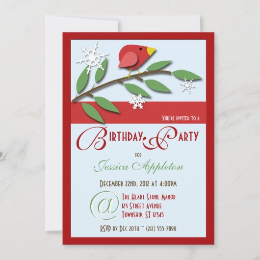 Red Bird on Branch - Birthday Party Invitations Kaart (Voorkant)